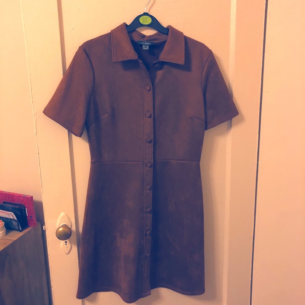 Faux Suede Collared Midi Dress
